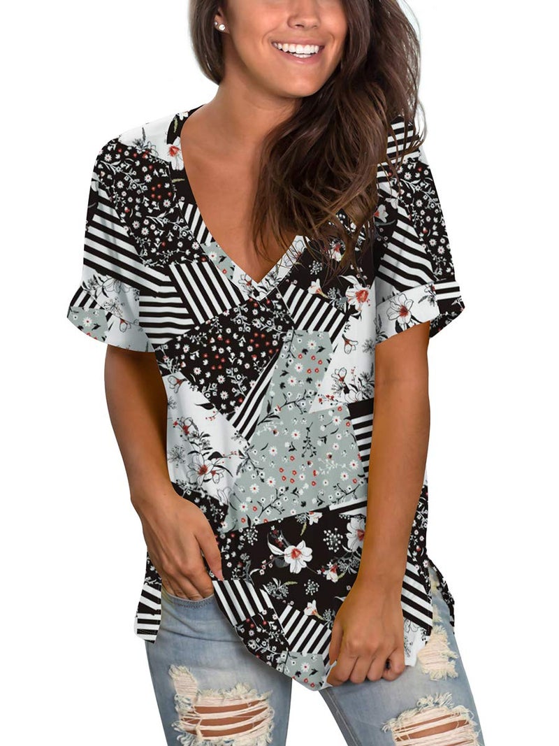 SAMPEEL Women Summer T Shirt Floral Blouses Work Casual Short Sleeve Tees Tunic Gray L - Image 1